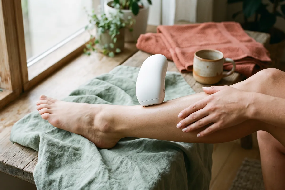 A hand gliding a white handheld IPL device along a smooth lower leg resting on a sage linen towel on a wooden bench by a window, soft natural shadows
