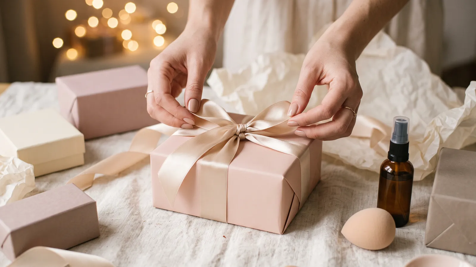 Hands tying a satin ribbon on a pastel gift box surrounded by tissue paper