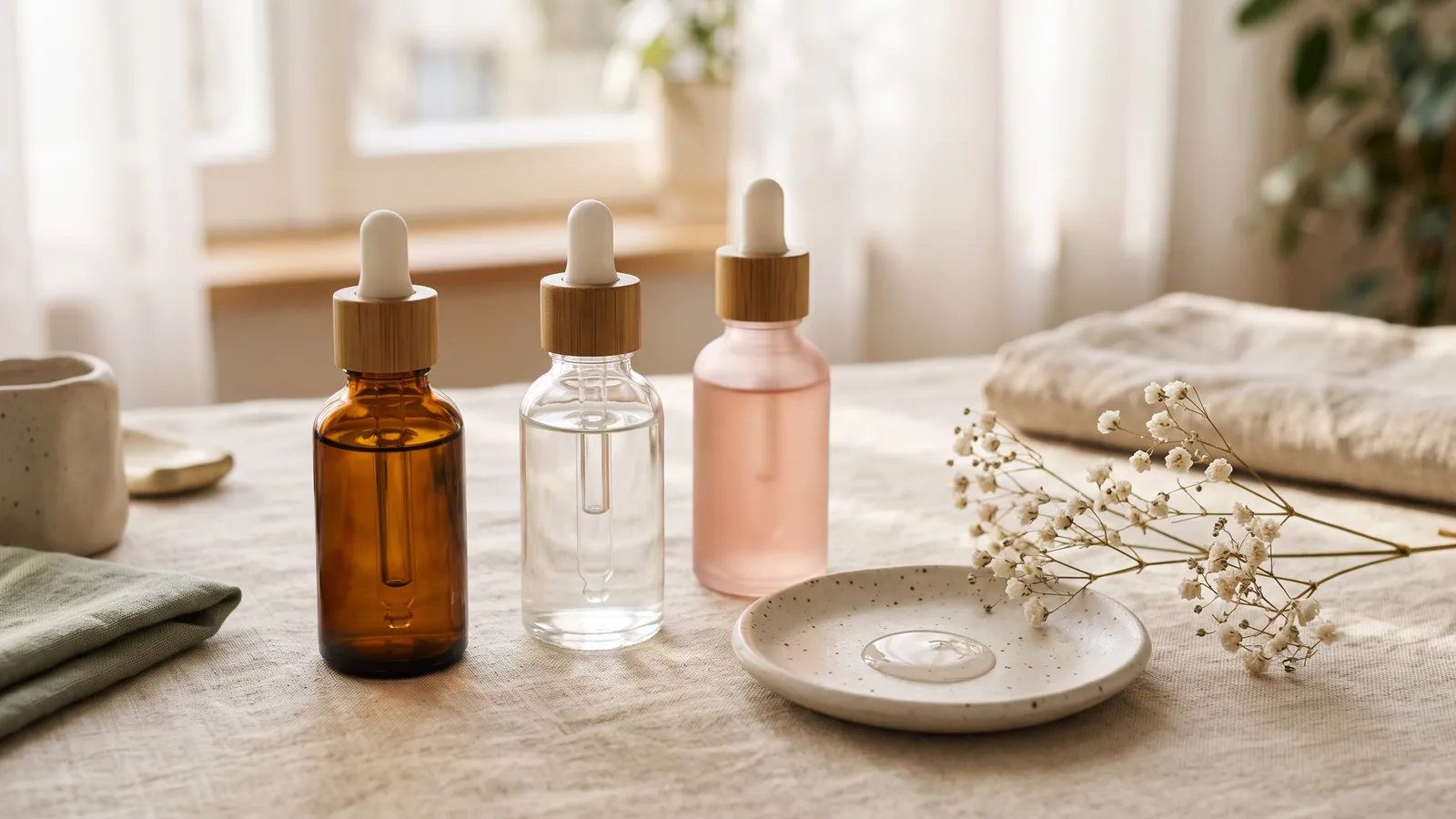 Unbranded glass dropper bottles and a small pump serum on warm ivory linen with a sprig of dried flowers