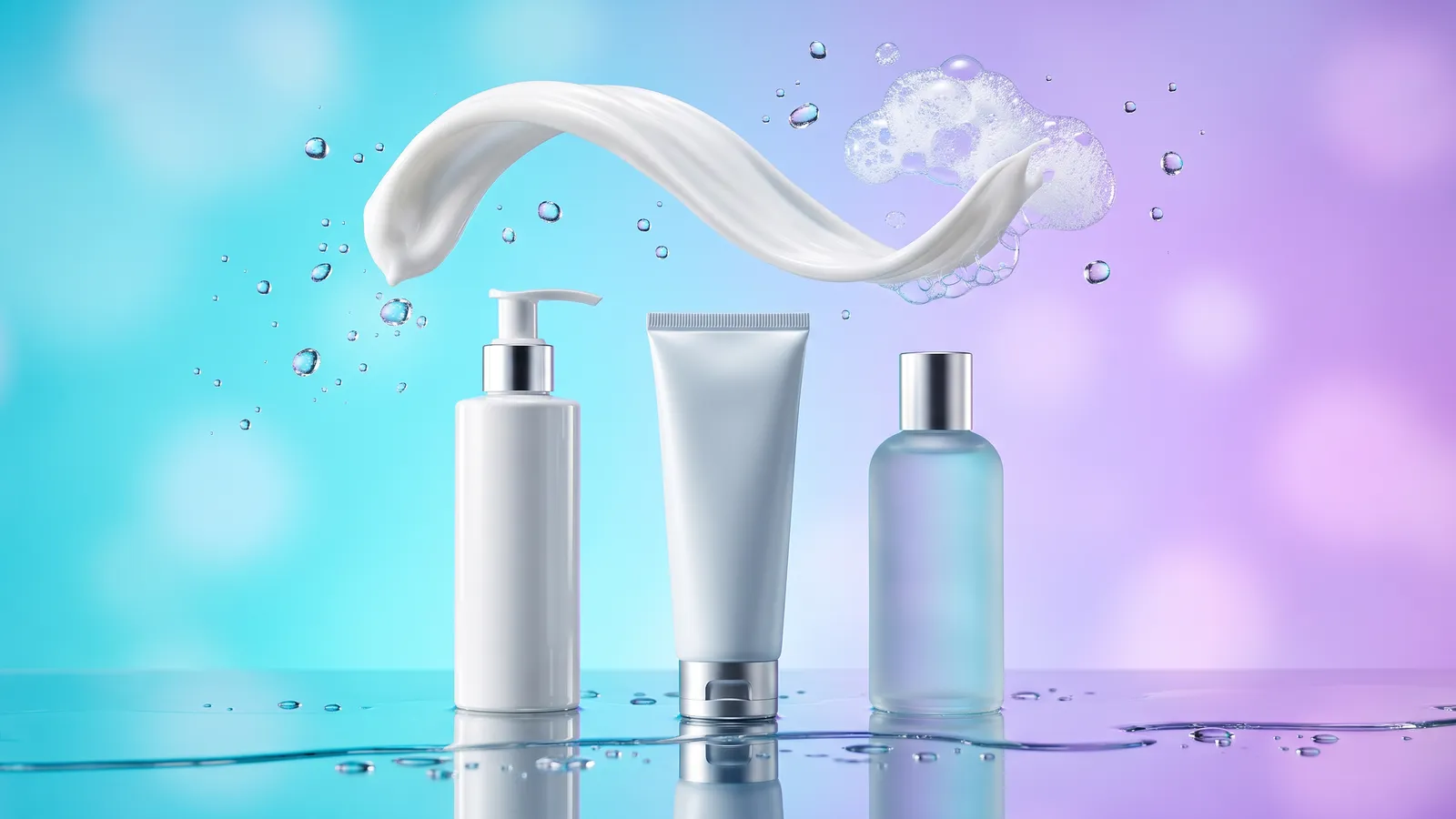 Unbranded white pump bottles and tubes of gentle face cleanser on a glossy surface against a soft aqua and lilac gradient, with a ribbon of white cream cleanser and clear water droplets in mid-air