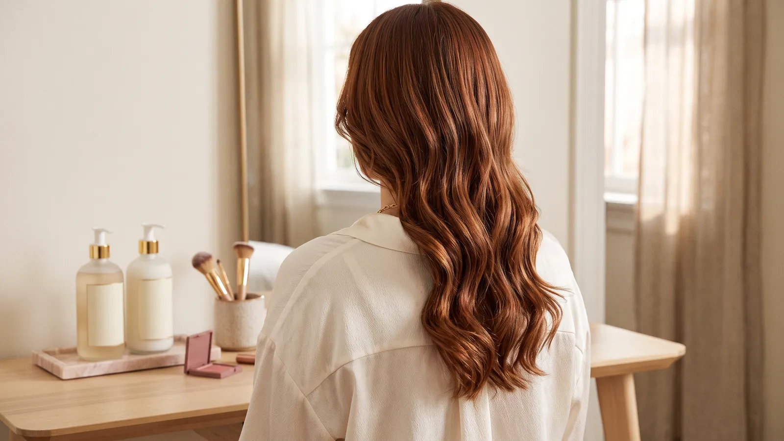 Glossy dyed copper-brown hair seen from behind beside unbranded shampoo and conditioner bottles on a warm ivory vanity