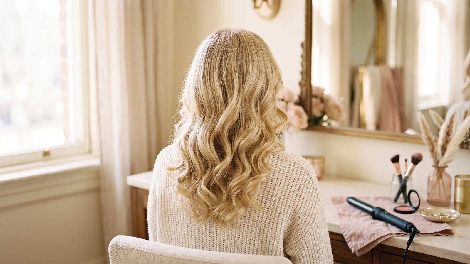 Two unbranded curling irons and a tapered curling wand resting on ivory linen beside a heat-protective glove and a few loose curls of fine hair
