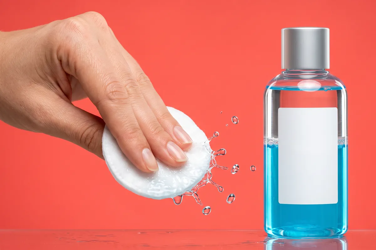 A hand pressing a soaked cotton pad beside a glass bottle of two-layer blue and clear eye makeup remover, droplets in mid-air on a coral backdrop