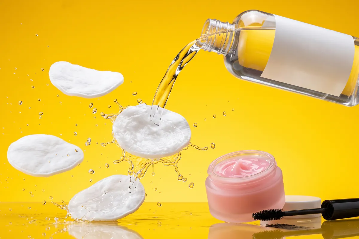 Unbranded micellar water pouring in a clear arc onto floating cotton pads beside a pink cleansing balm jar and a mascara wand on a sunny yellow backdrop