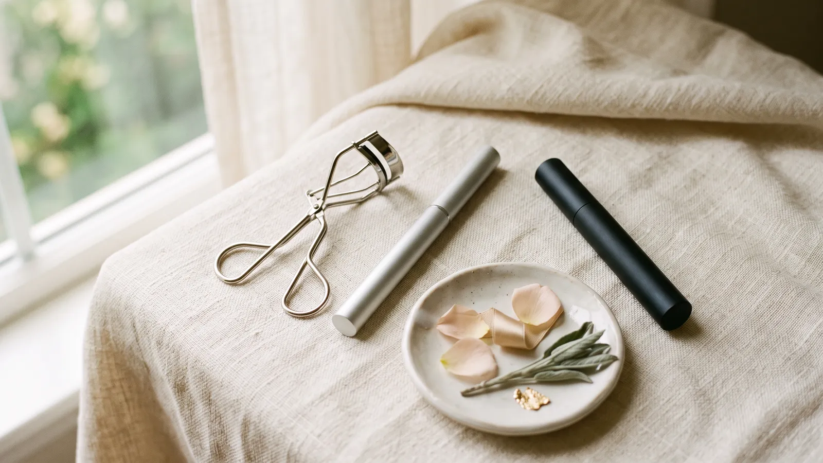 An unbranded classic metal eyelash curler and a slim heated lash curler beside a plain mascara tube on ivory linen in soft light