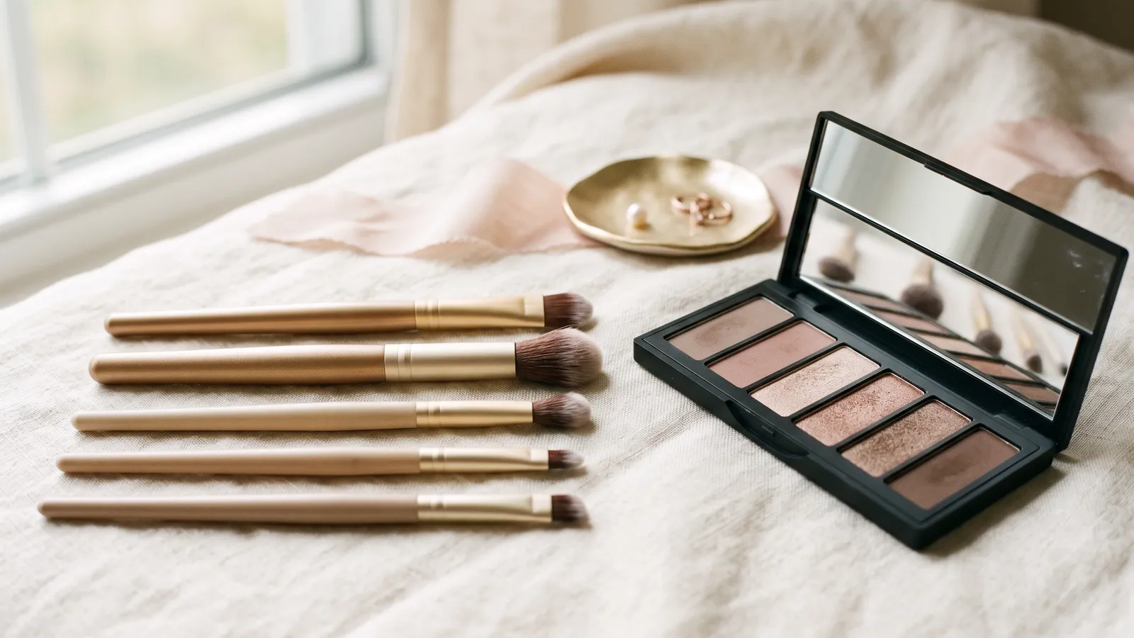 Five unbranded eyeshadow brushes, flat, fluffy, pencil and angled, laid in a row beside a neutral eyeshadow palette with plain pans on ivory linen