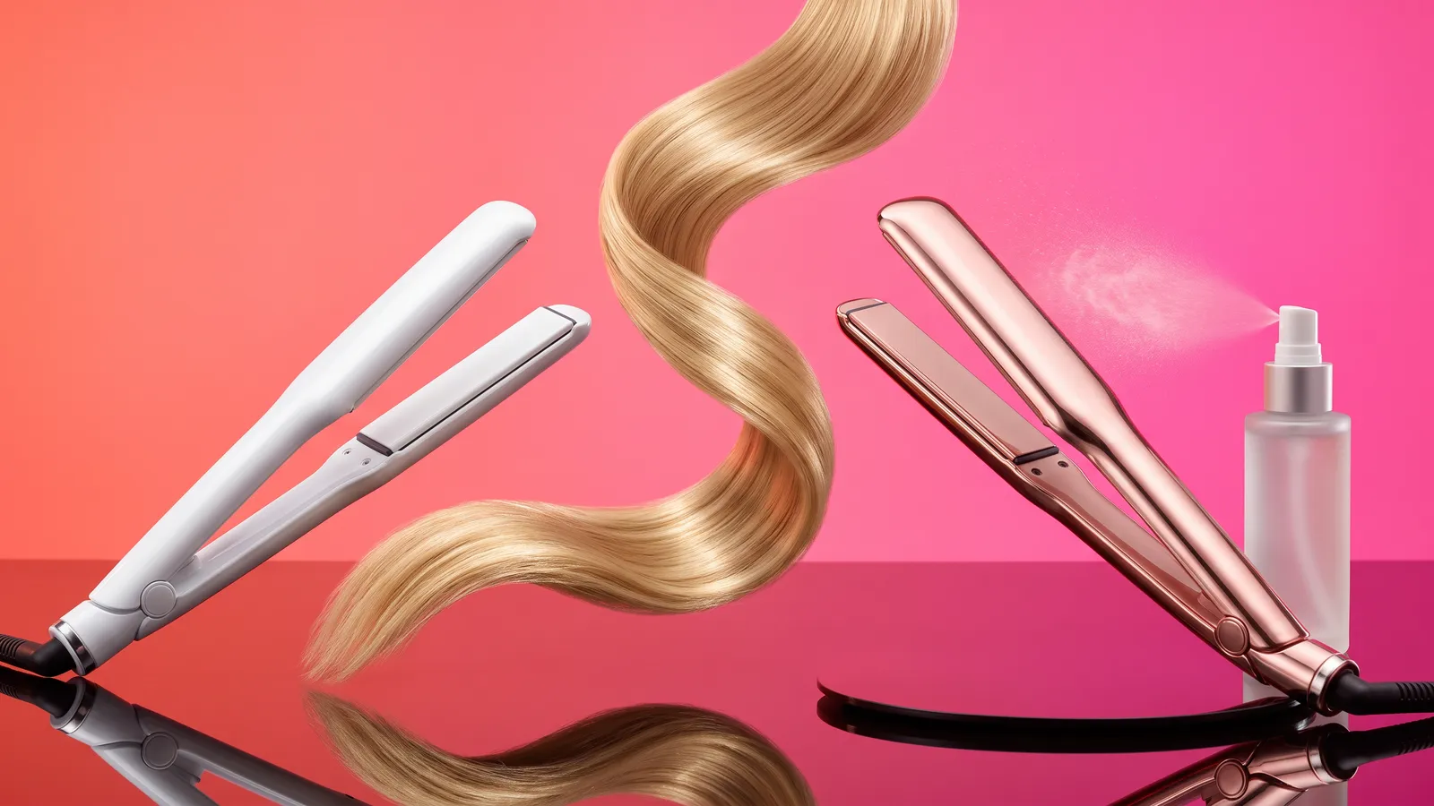 Two sleek unbranded flat irons, one white and one rose gold, with a ribbon of shiny straight blonde hair floating between them on a coral and pink backdrop