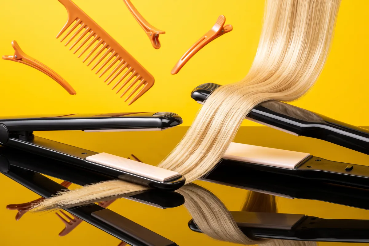 Two unbranded flat irons, one with narrow half-inch plates and one with one-inch plates, side by side with a lock of straight fine blonde hair on a sunny yellow backdrop