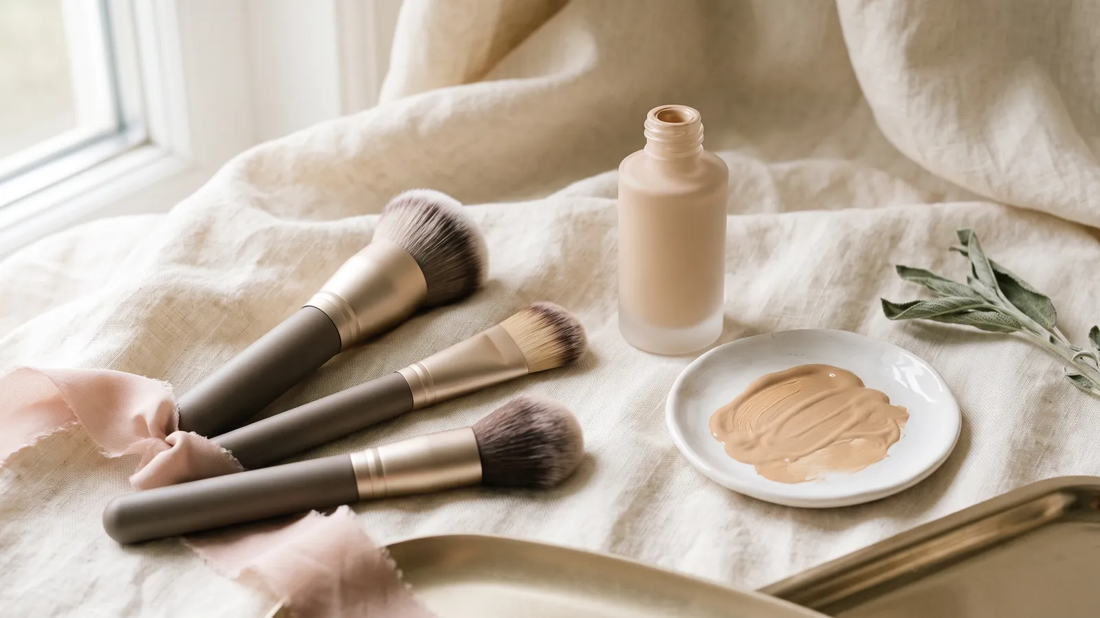 Three unbranded foundation brushes, a flat-top kabuki, a flat paddle brush and a dense dome brush, beside a plain glass foundation bottle and a swatch of liquid foundation on ivory linen