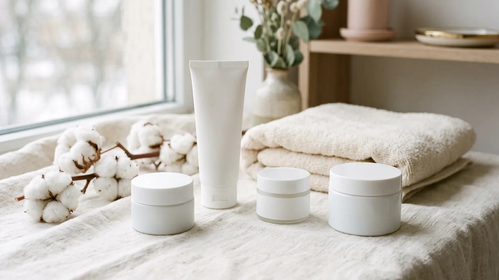 Six plain unbranded moisturizer containers, from a tube to an open jar of thick cream, on pale gray linen with no flowers or scent bottles