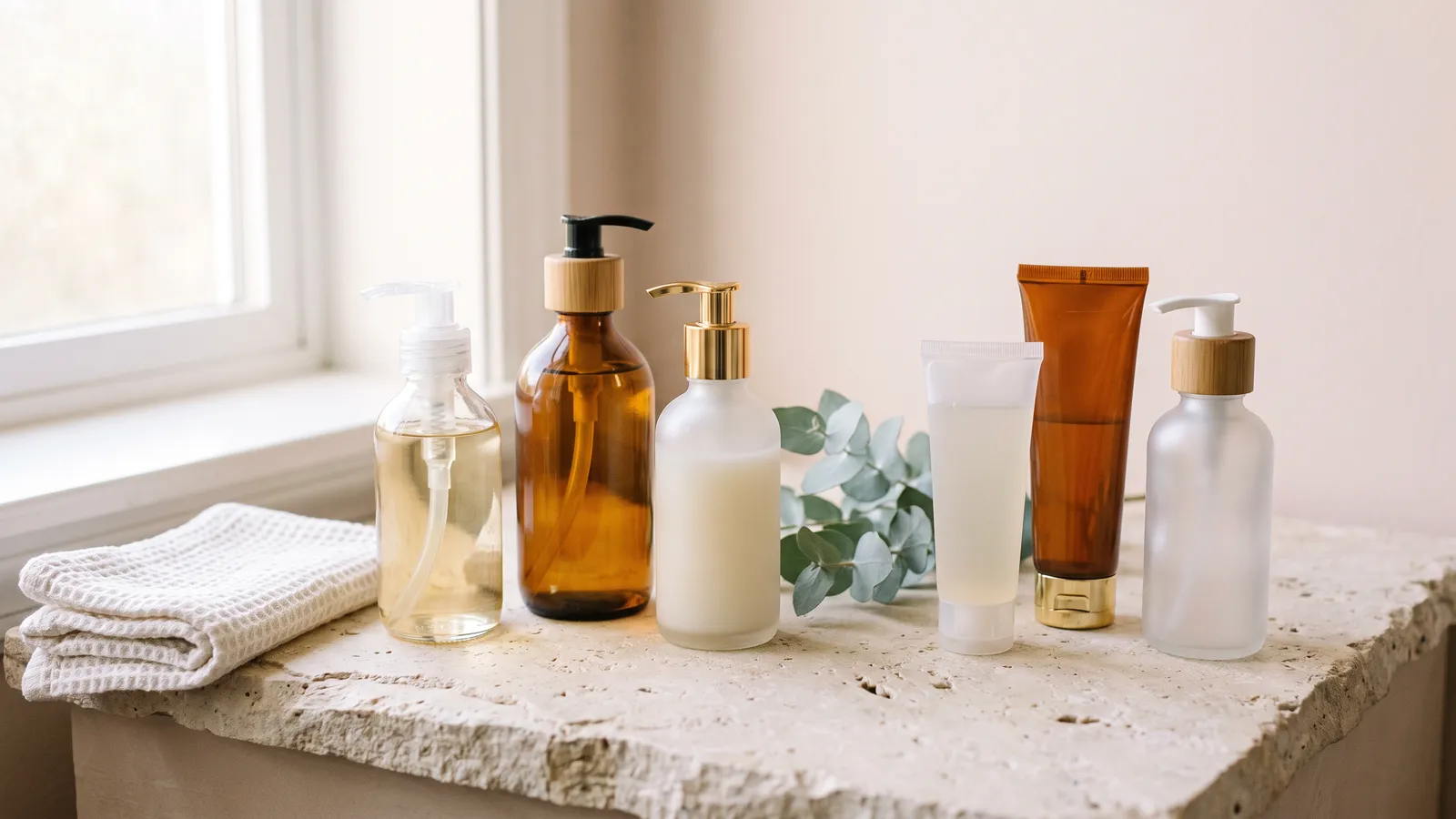 Six unbranded face wash bottles and tubes in clear, frosted and amber finishes on a pale stone surface with a folded white washcloth and a sprig of eucalyptus
