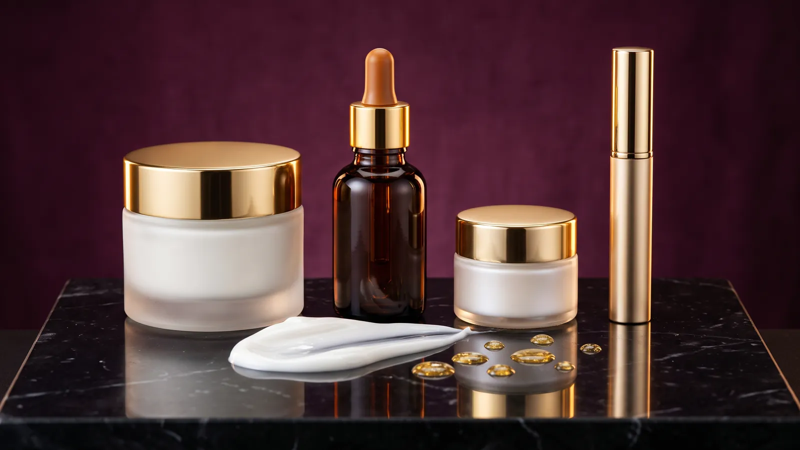An unbranded luxury skincare collection, a frosted glass cream jar with a gold lid, an amber dropper bottle, a pearl eye cream and a gold tube on black marble against a deep plum backdrop