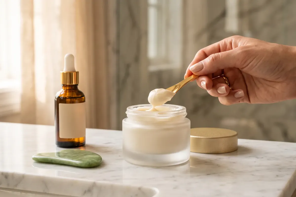 A hand scooping rich cream from a frosted glass jar with a small gold spatula, with an amber dropper bottle and a jade stone on a marble vanity