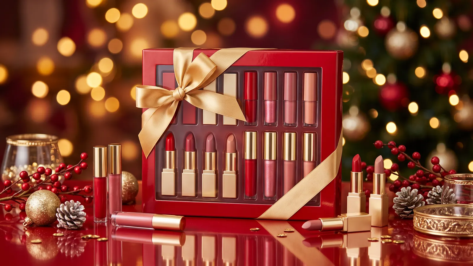 An unbranded set of mini lipsticks and lip glosses in reds, roses and nudes inside a glossy red box with clear compartments, tied with gold ribbon, with loose glosses and gold ornaments on a reflective red surface
