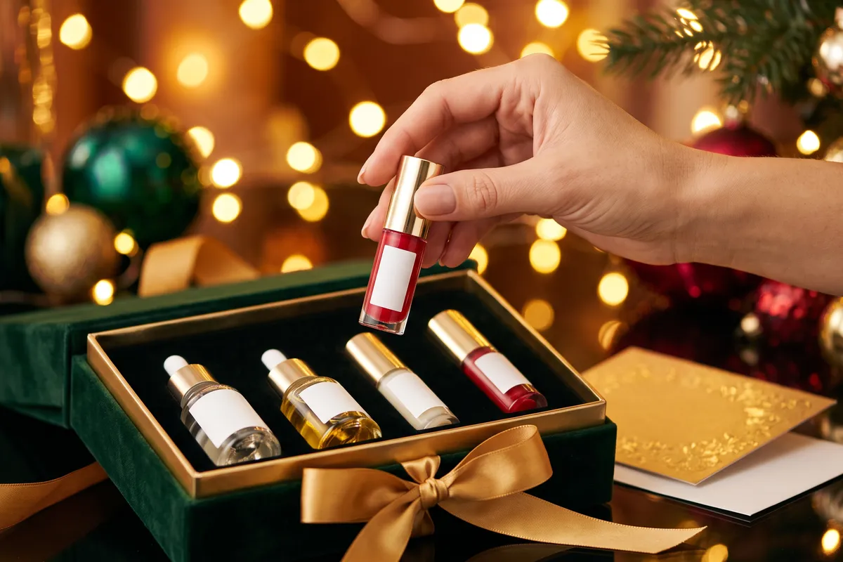 One hand holding a mini glossy red lip gloss over an open gift set box of mini lip products, with a gold ribbon and a blank holiday card face down
