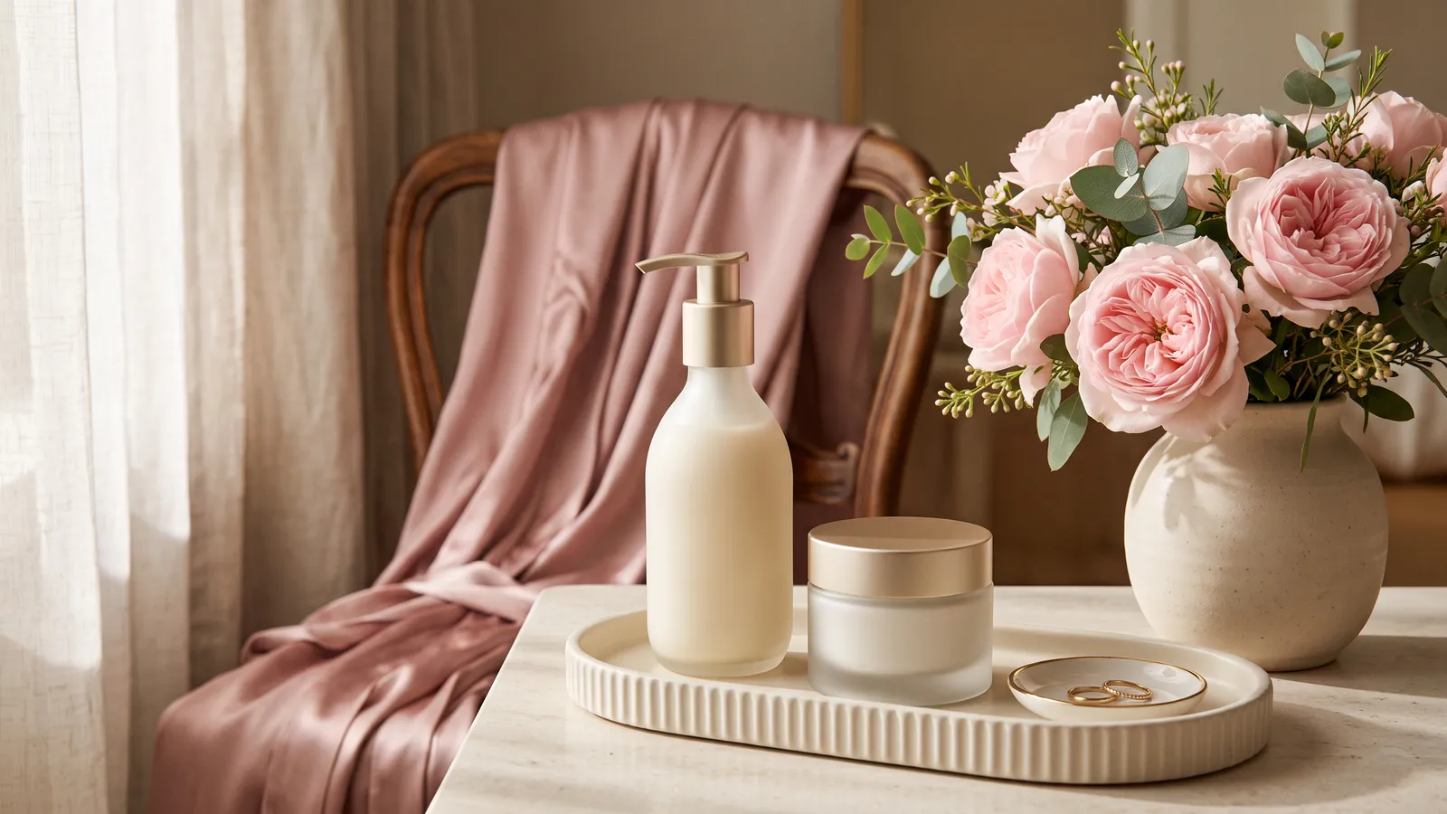 Unbranded face jars and body lotion bottles arranged on oatmeal linen with a folded white towel and a sprig of eucalyptus