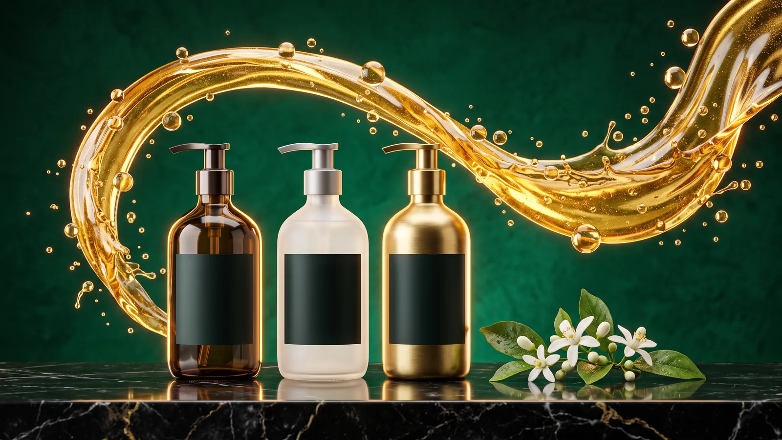 Three unbranded body wash bottles in smoked amber glass, frosted white glass and brushed gold on a black marble ledge against a deep emerald backdrop, with a ribbon of golden shower gel, bubbles and a sprig of orange blossom