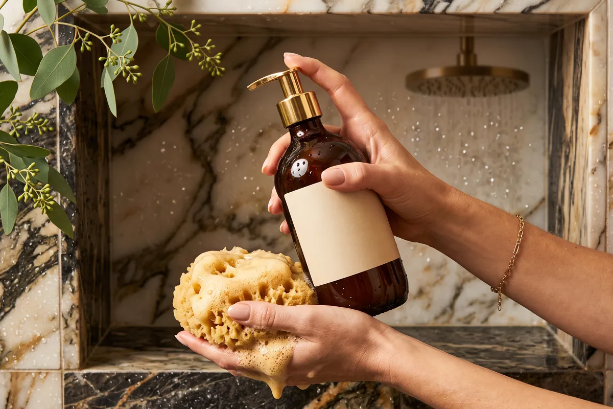 A hand holding an amber glass body wash bottle with a gold pump in a marble shower niche, with creamy golden lather on a sea sponge and sprigs of eucalyptus