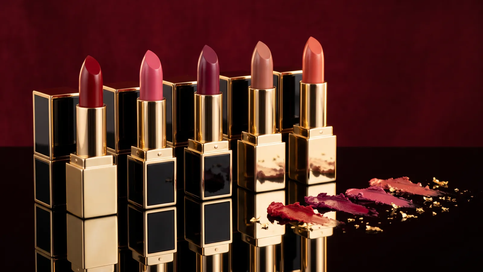Five open unbranded luxury lipsticks in gold and black lacquer cases with red, rose, berry and nude bullets on glossy black glass against a deep oxblood backdrop