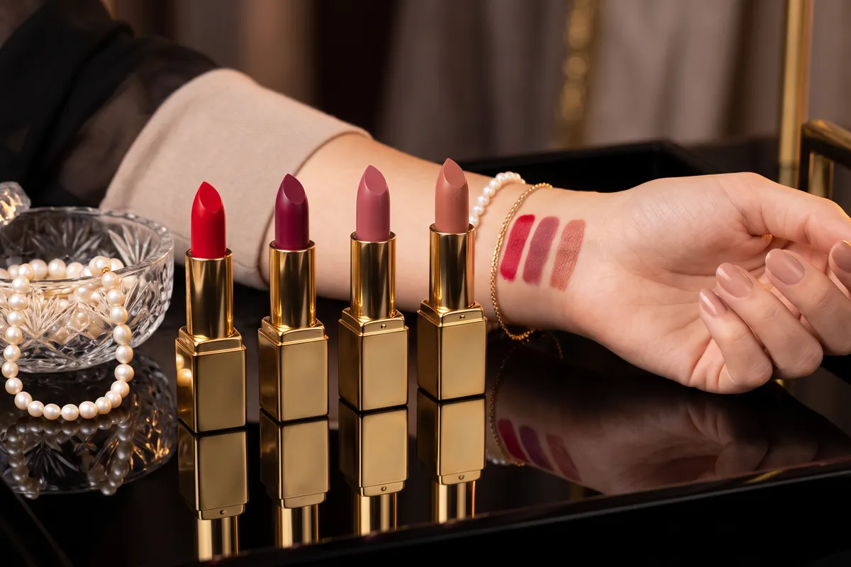 Unbranded gold lipstick cases open in red, berry, rose and nude shades on a black lacquer tray, with matching creamy swatches on a wrist