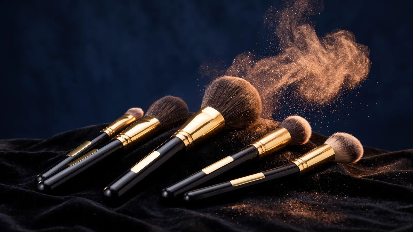 Unbranded luxury makeup brushes with black lacquer handles and gold ferrules fanned out on black velvet, with bronze powder drifting off one brush against a deep navy backdrop