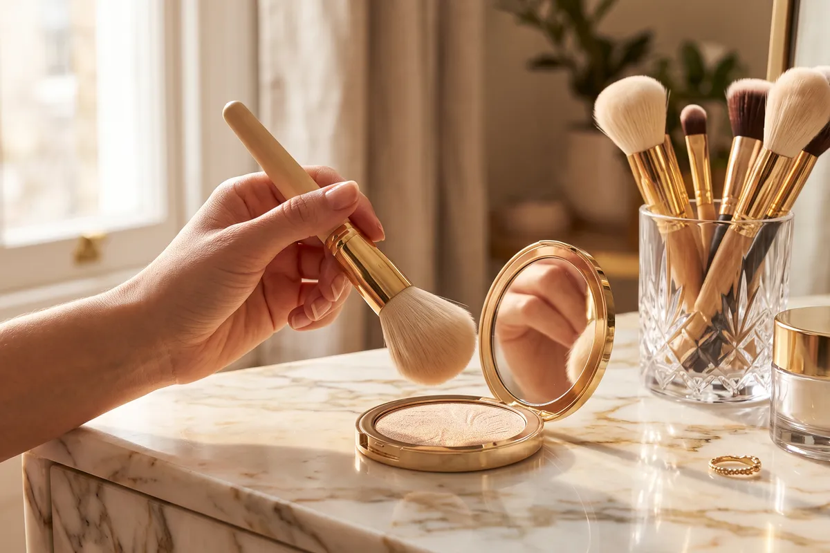 A hand holding a plush gold-ferrule powder brush over an open compact of champagne highlighter on a marble vanity, with more brushes in a crystal cup