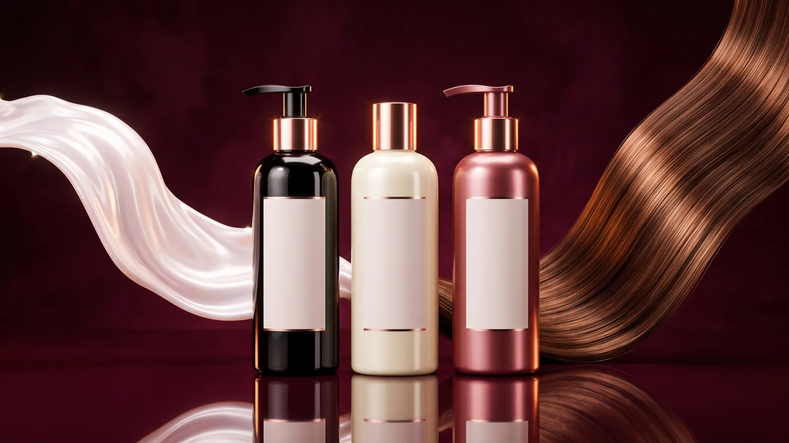 Unbranded shampoo and conditioner bottles in glossy black, cream and rose gold on a reflective surface against a deep burgundy backdrop, with a silky wave of pearly shampoo and a ribbon of glossy chestnut hair