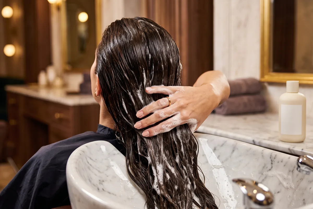 A hand working rich white lather through glossy wet dark hair at a marble salon basin, seen from behind, with a cream shampoo bottle on the counter