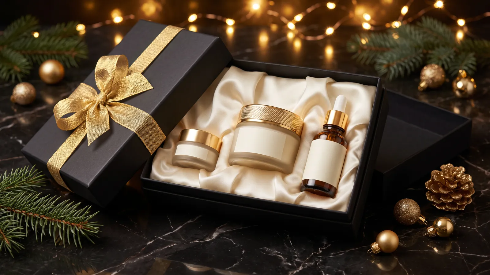 An open black gift box lined with cream satin holding an unbranded frosted cream jar with a gold lid, an amber serum dropper and a pearl eye cream, with gold ribbon, pine sprigs and gold ornaments on dark marble
