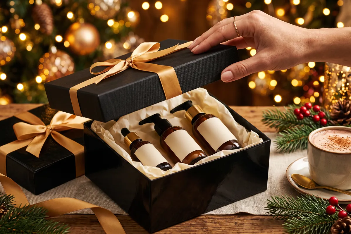 One hand lifting the lid off a black gift box tied with gold ribbon, revealing unbranded skincare bottles in cream tissue, with fairy light bokeh and a cup of cocoa