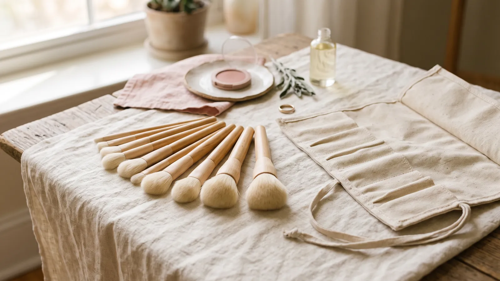 An assortment of unbranded makeup brushes with wooden handles fanned out on ivory linen beside a plain canvas brush roll