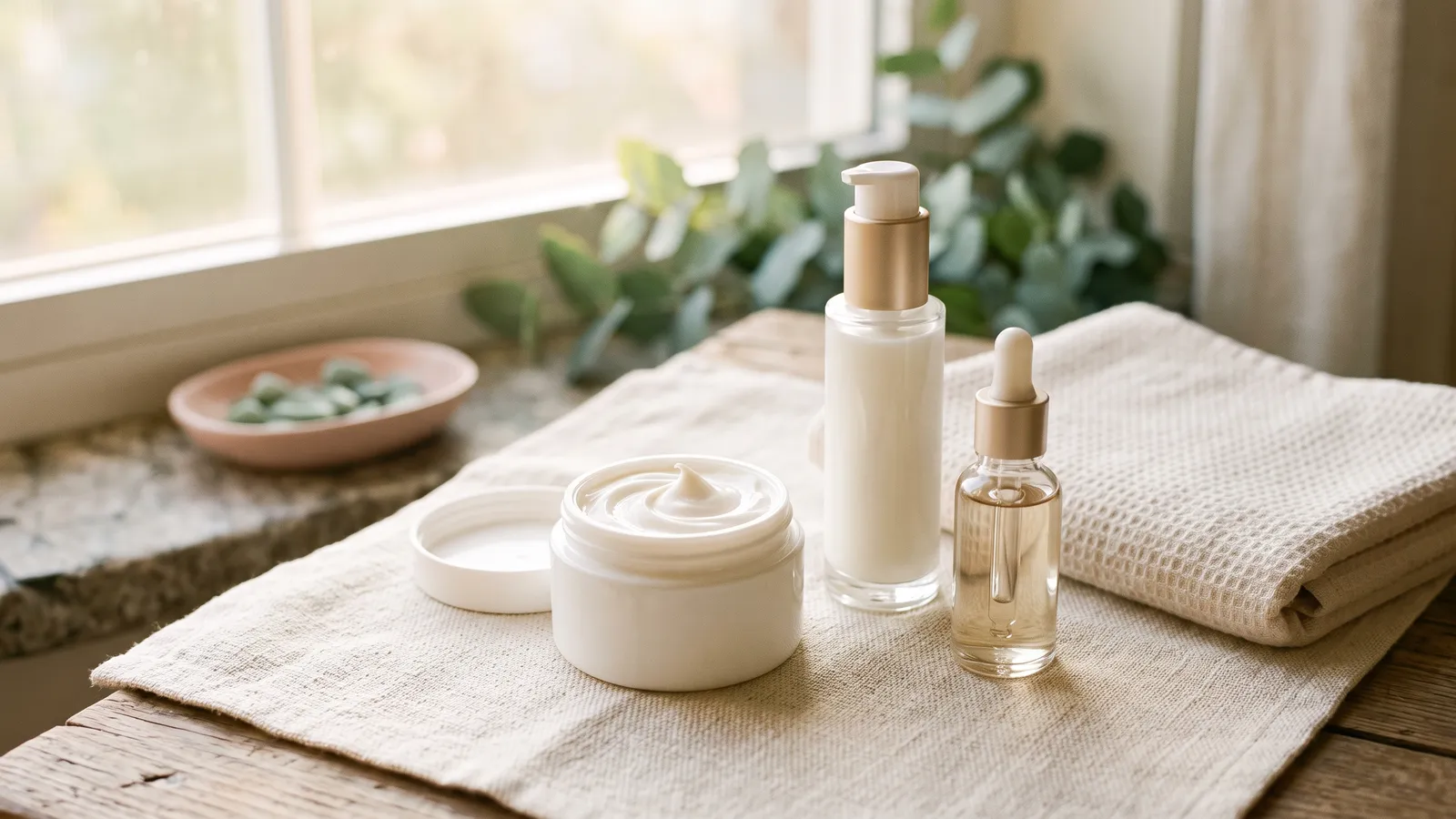 Unbranded moisturizer jars, a pump bottle and a small serum dropper on warm ivory linen in soft evening light
