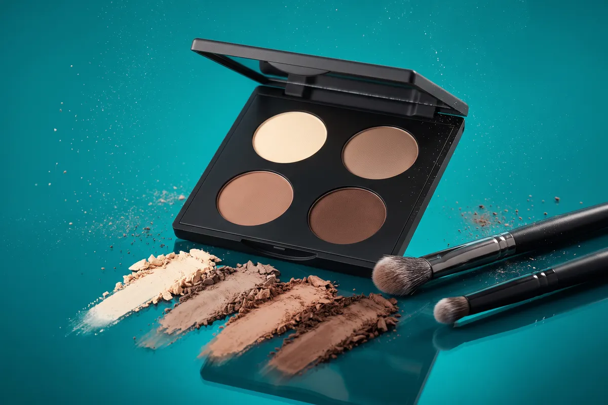 An open unbranded eyeshadow palette of vanilla, taupe, soft brown and chocolate mattes with matching swatch smears and two eye brushes on a teal backdrop