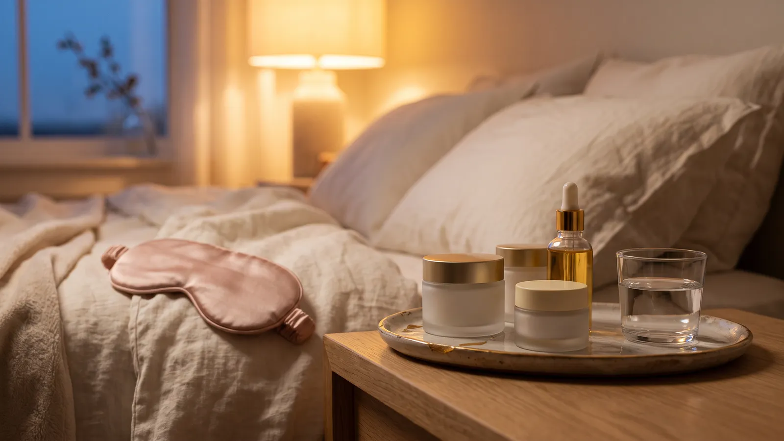 Unbranded night cream jars and a glass dropper bottle on a bedside tray with ivory linen, a silk eye mask and soft lamplight