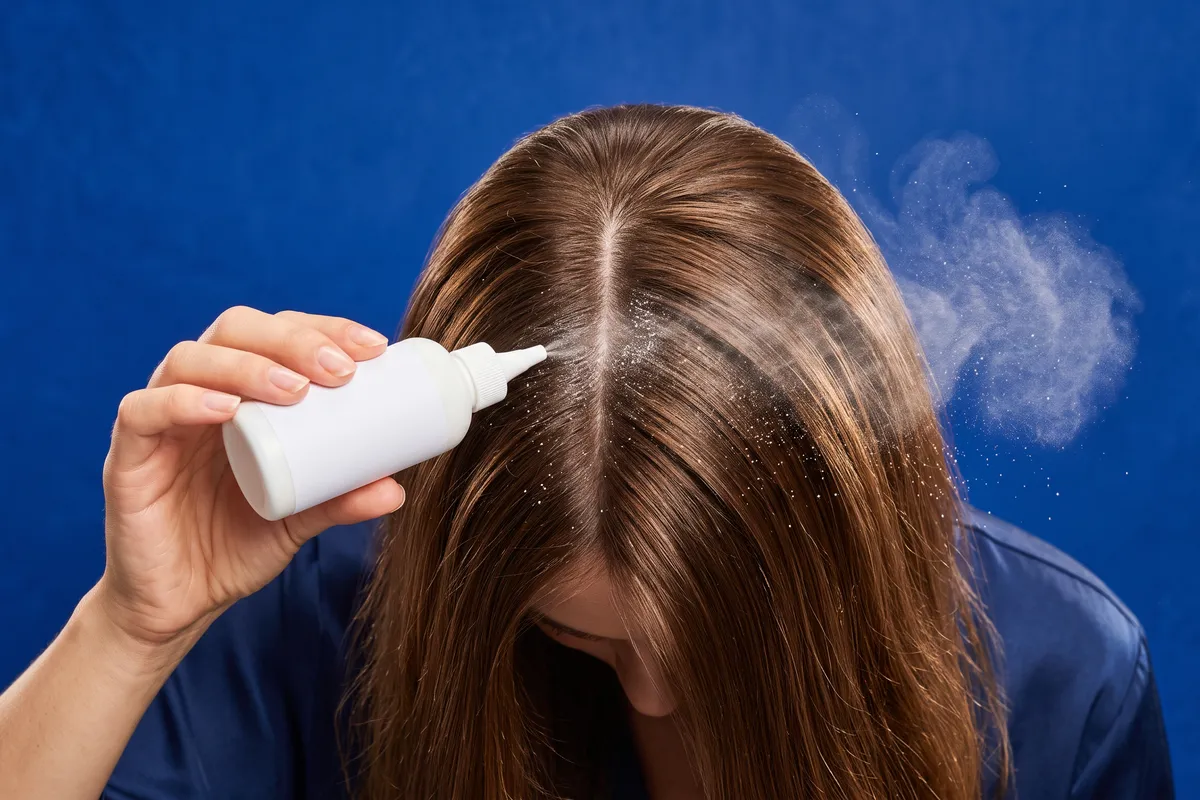 A hand holding an unbranded squeeze bottle that puffs a fine cloud of powder toward a parted section of brown hair, lit with bright studio color against a cobalt backdrop