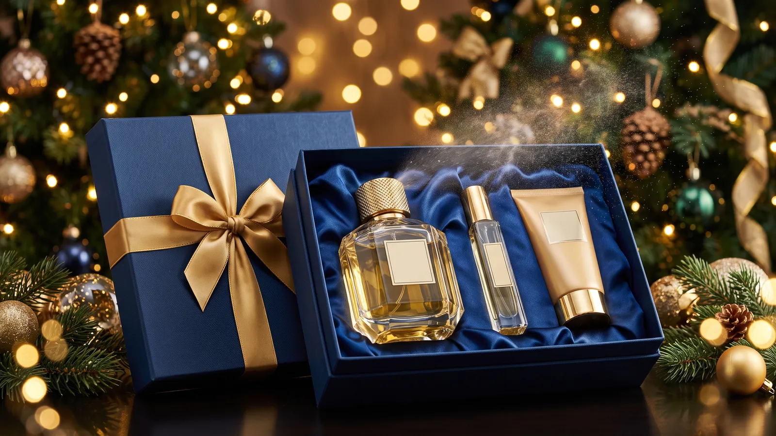An unbranded faceted crystal perfume bottle with a gold cap, a matching travel spray and a body lotion in an open midnight blue satin-lined gift box, with gold ribbon, pine and a fine mist of perfume catching the light