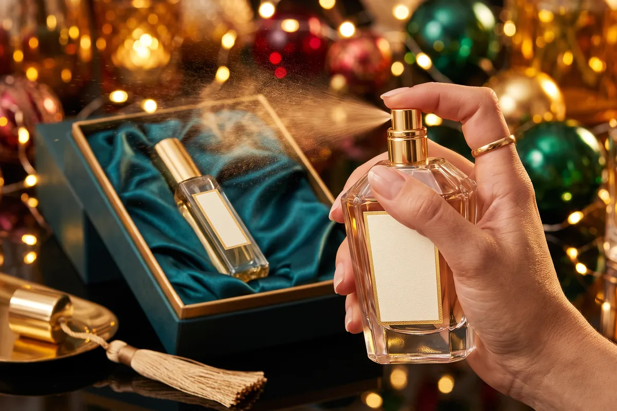One hand pressing the gold cap of an unbranded crystal perfume bottle, releasing a fine mist in warm light, beside an open satin-lined gift box with a travel spray on a vanity