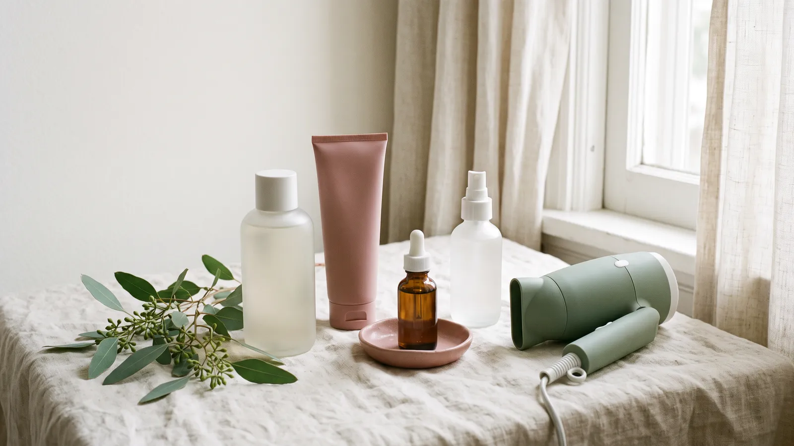 Unbranded shampoo, conditioner, cream, hair oil, spray can and a blush-pink hair dryer laid out on ivory linen