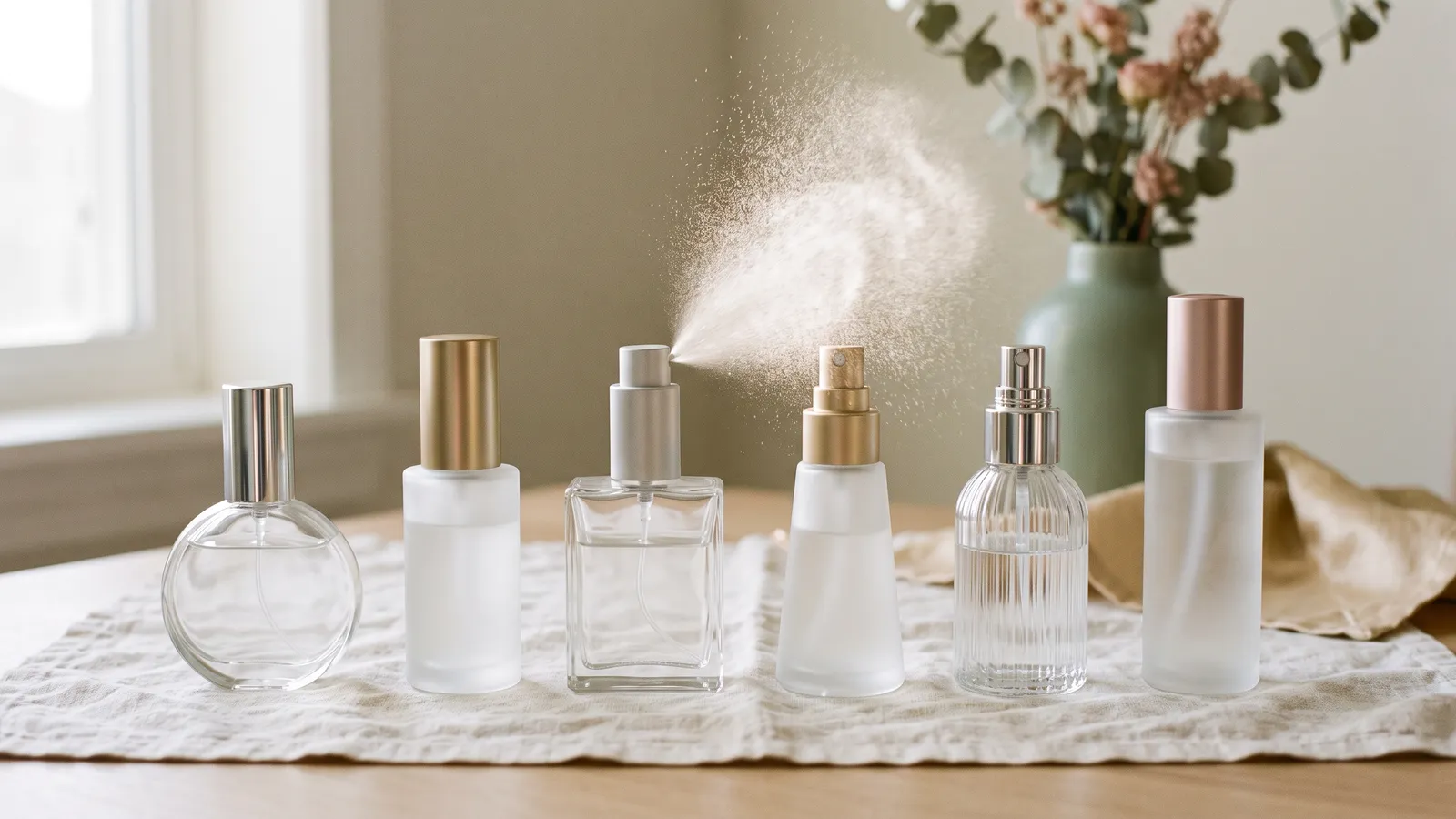 Six unbranded setting spray bottles in glass, frosted and metal finishes on ivory linen with a fine mist catching soft morning light