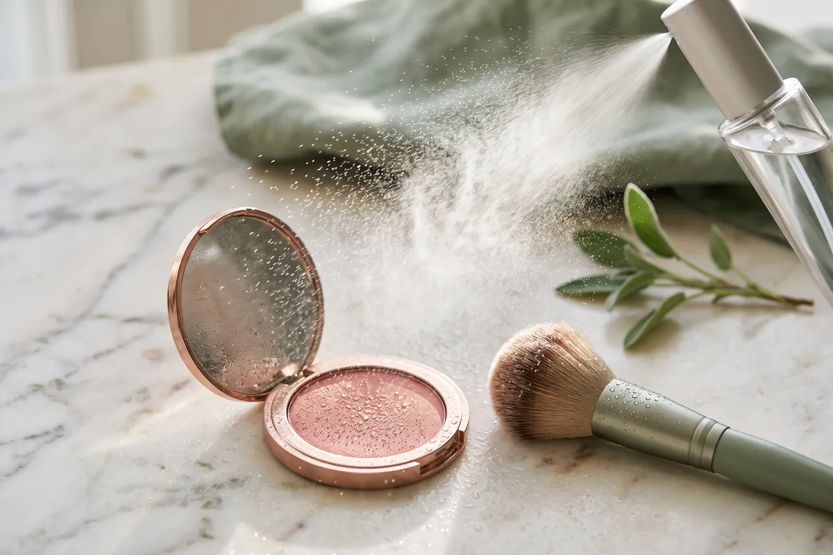 An unbranded setting spray bottle misting over a powder compact and a makeup brush on ivory linen, the fine spray catching the light