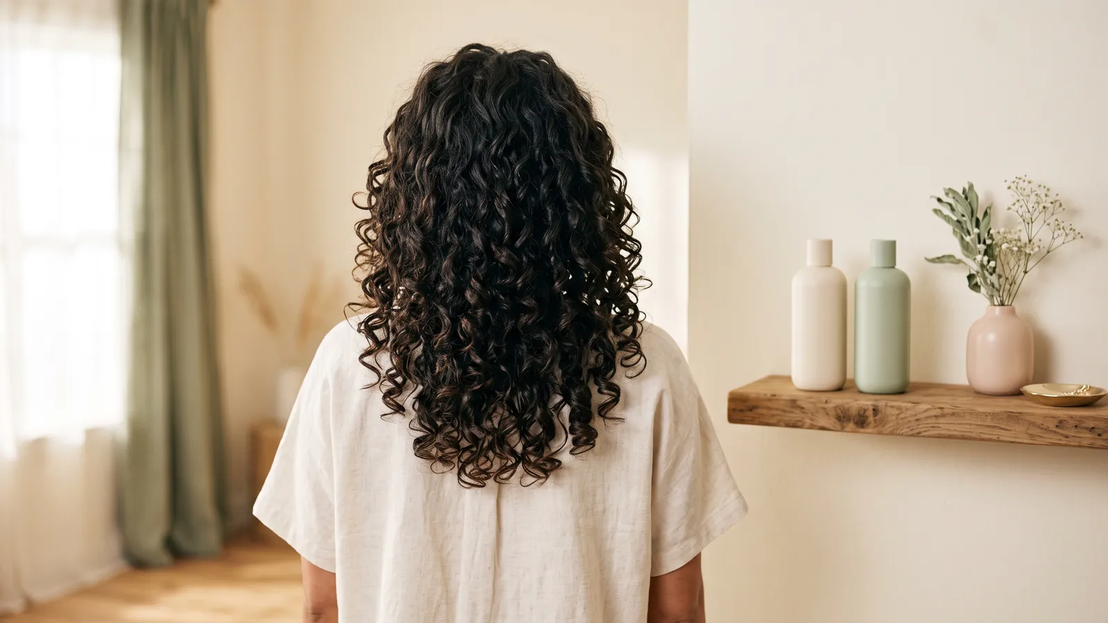 Unbranded shampoo bottles, an open co-wash jar and a wide-tooth comb on ivory linen beside wavy, curly and coily hair strands