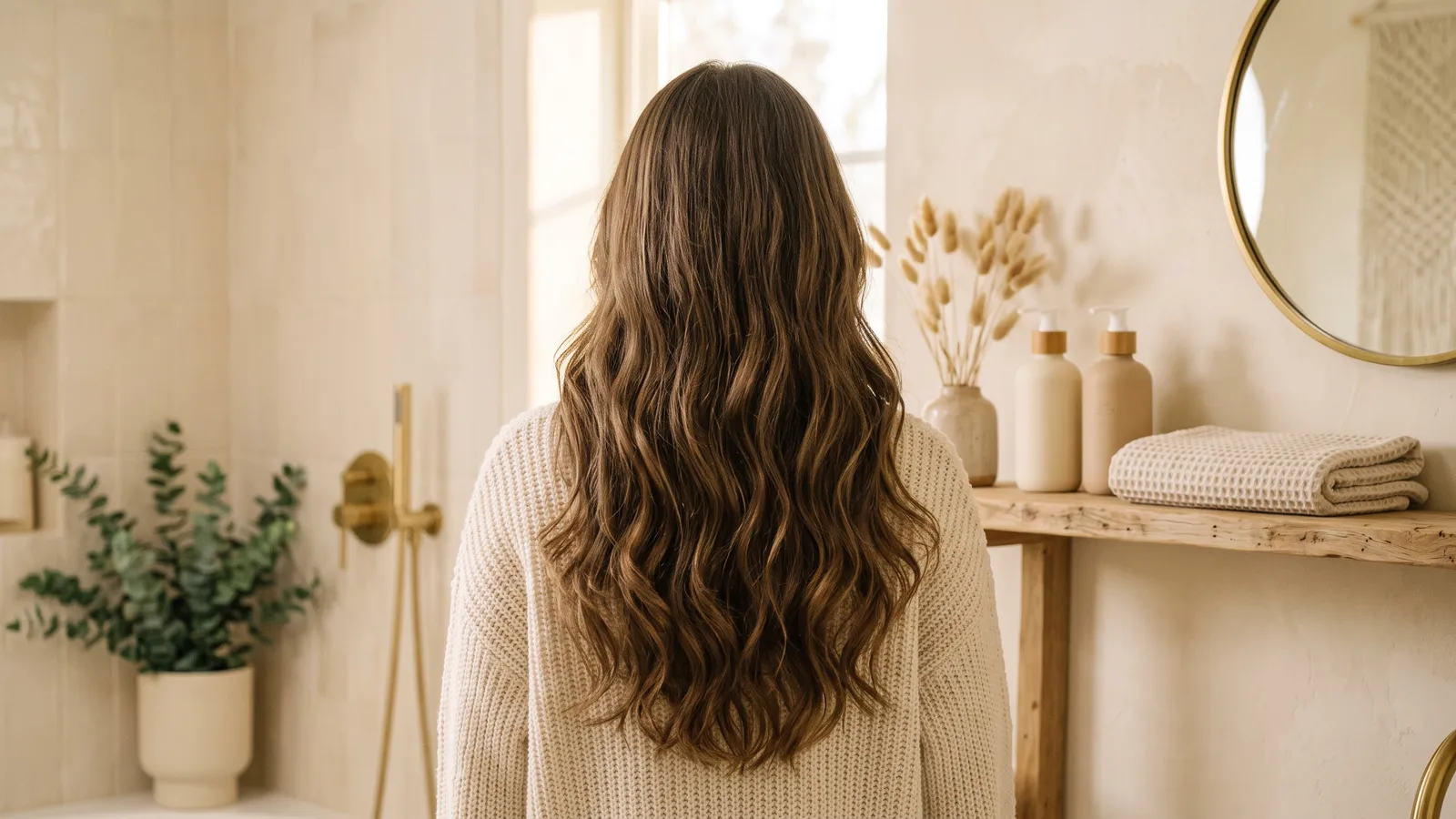 Long wavy brown hair seen from behind beside creamy unbranded shampoo bottles and a folded towel in a warm ivory bathroom