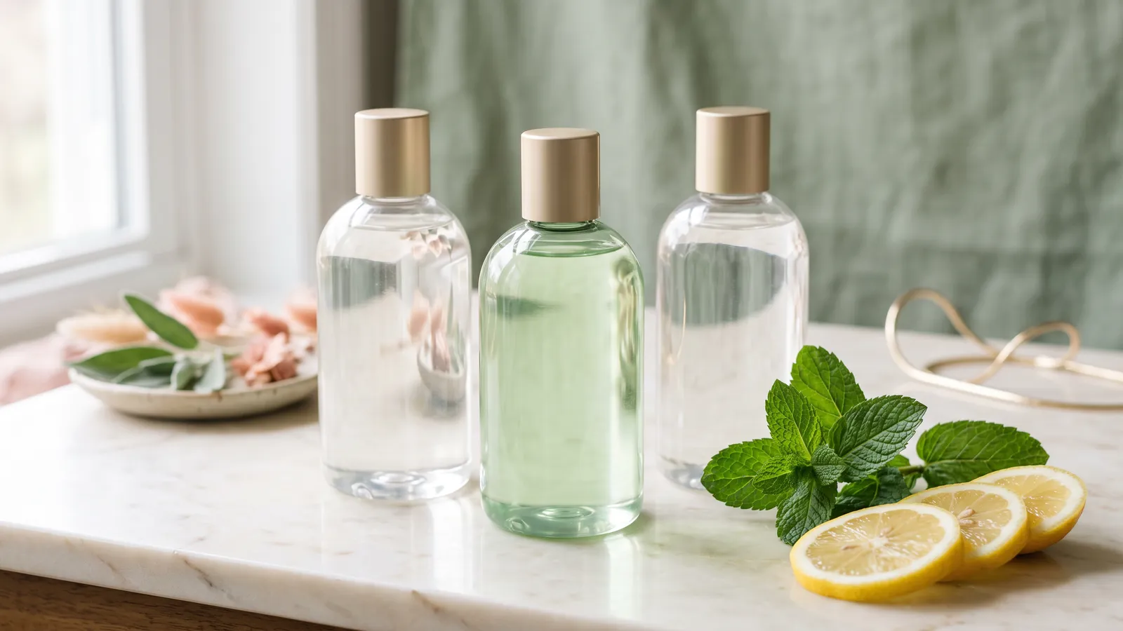 Six unbranded shampoo bottles and a small jar of scalp scrub on a pale stone surface with a wooden comb, a waffle towel and fresh mint