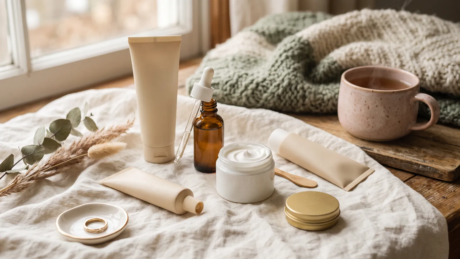Five unbranded skincare containers, from a pump cleanser to an open jar of thick cream, arranged in routine order on oatmeal linen