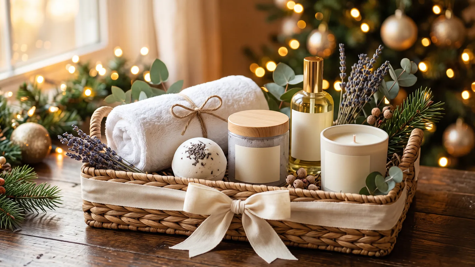 An unbranded spa gift basket on a woven tray with a rolled white towel, a bath bomb, a frosted body scrub jar, a body oil with a gold cap, a candle in a ceramic pot, dried lavender and eucalyptus, tied with cream ribbon in warm golden light
