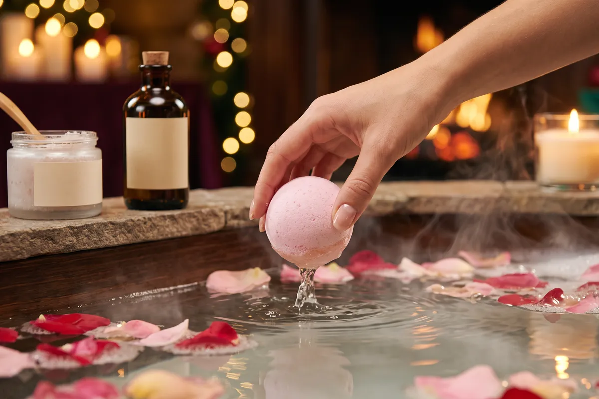 One hand dropping a pastel bath bomb into a steaming bath with rose petals, with an unbranded frosted scrub jar and body oil on the tub edge in candlelight