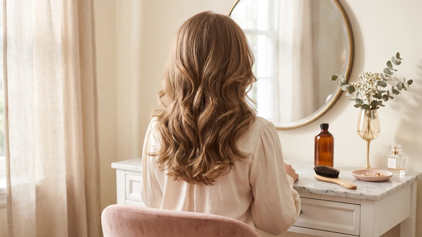 Six unbranded shampoo bottles in different sizes on a pale marble shelf with a wide-tooth comb and a eucalyptus sprig