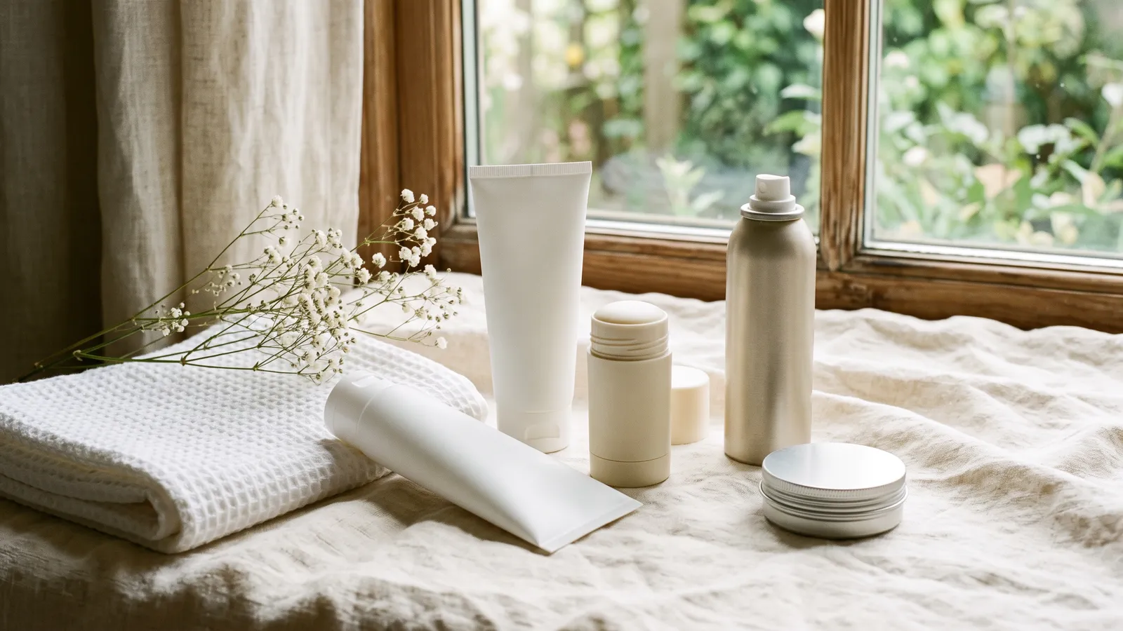 Unbranded whole-body deodorant products, a cream tube, a twist-up stick, a slim spray can and a small balm tin, on ivory linen beside a folded cotton towel