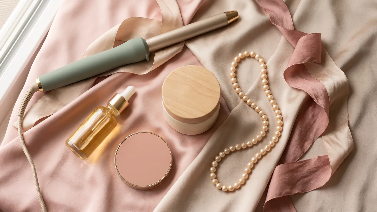 Soft flat lay of unbranded beauty gifts on blush satin: a curling wand, a serum bottle, a compact and pearls