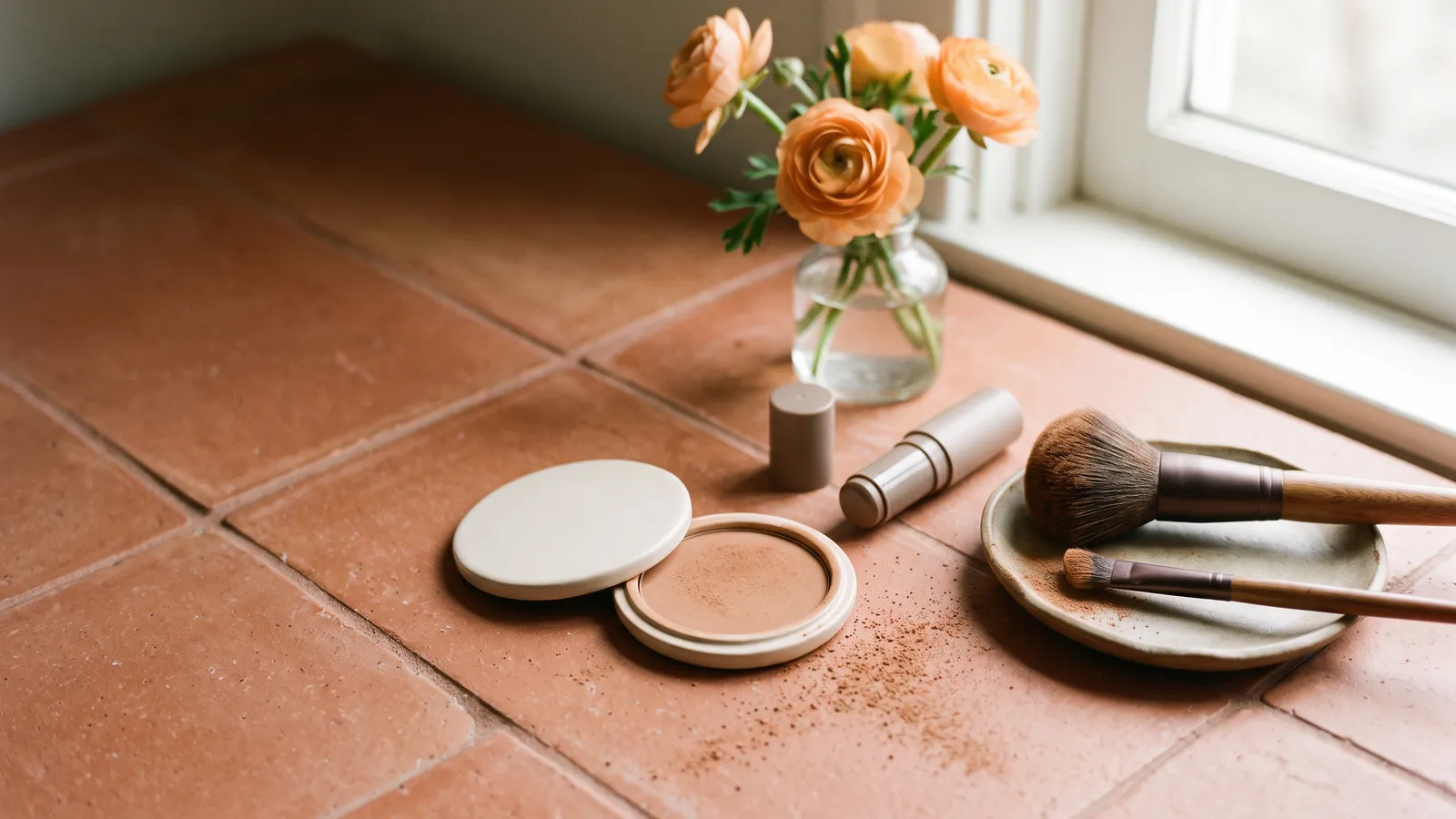 An open compact of warm matte bronzer beside a cool taupe cream contour stick, a fluffy bronzer brush and a small angled contour brush on a terracotta tiled dressing table